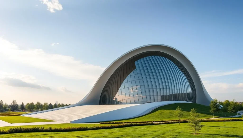 Generate an image of the Heydar Aliyev Center with its flowing curves and surrounding park.