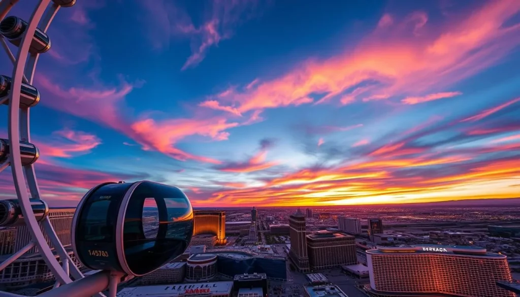 Generate an image of the High Roller Observation Wheel at sunset with a capsule providing a panoramic view of the Las Vegas Strip.
