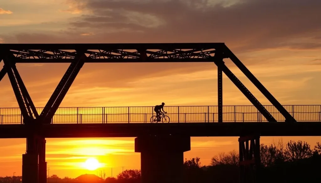 Generate an image of the High Trestle Trail Bridge at sunset with a cyclist crossing