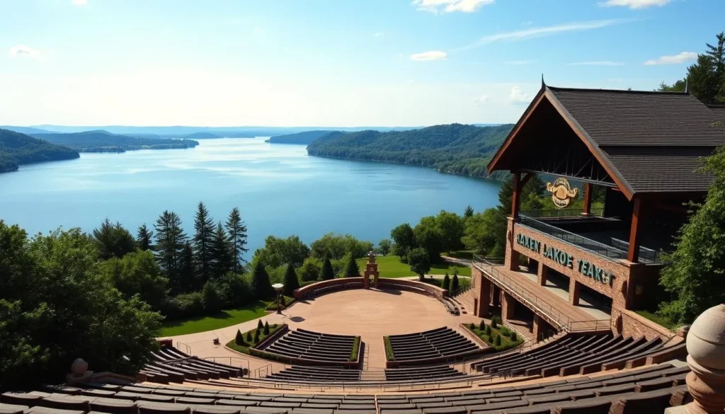 Generate an image of the Highlands Lakeside Theatre's outdoor amphitheater with a serene lake view.