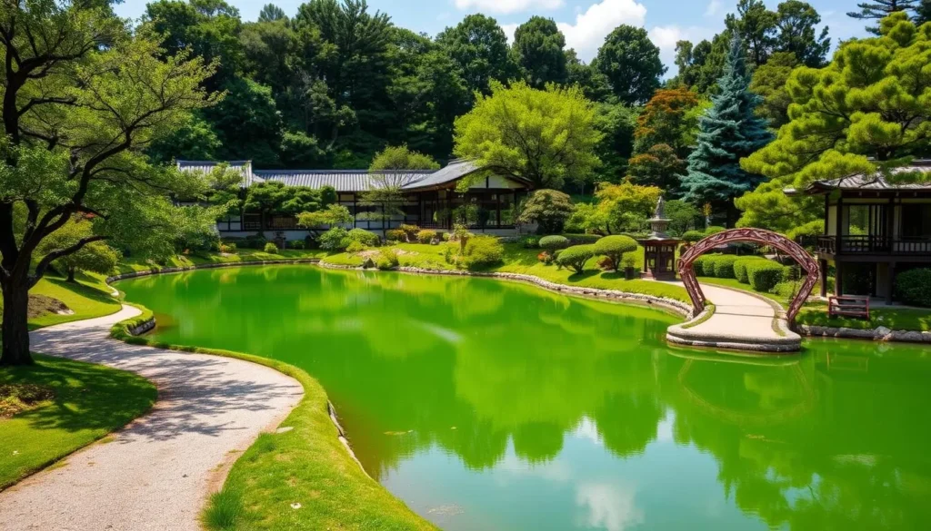 Generate an image of the Himeji Gardens' pond with a walking trail.