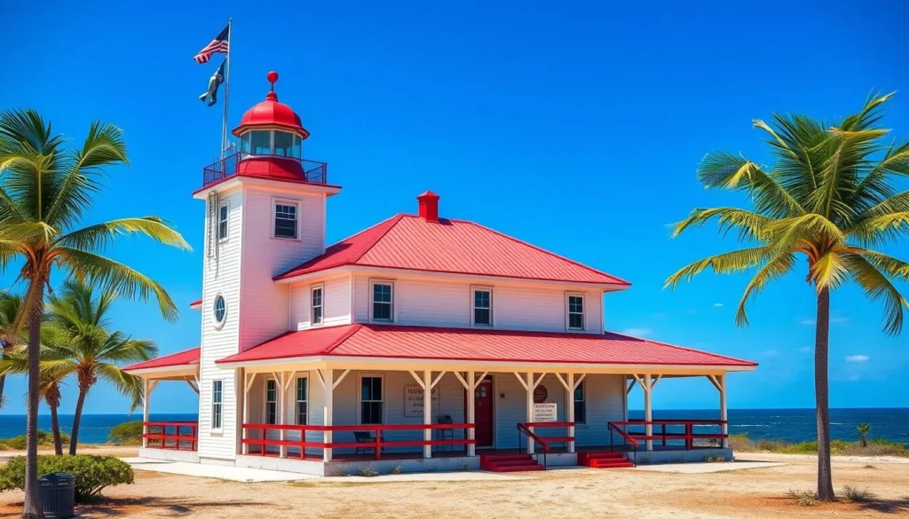 Generate an image of the Historic Coast Guard Station on Peanut Island, Florida, with its distinctive red roof.