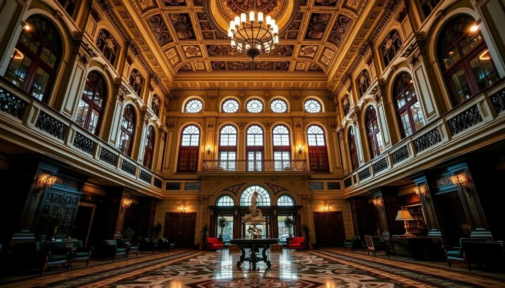Generate an image of the Historic Davenport Hotel's grand lobby, showcasing its opulent decor and stunning architecture.