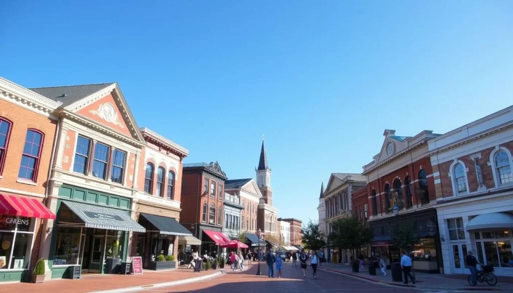 Generate an image of the Historic Noblesville Square with its charming shops and historic buildings.