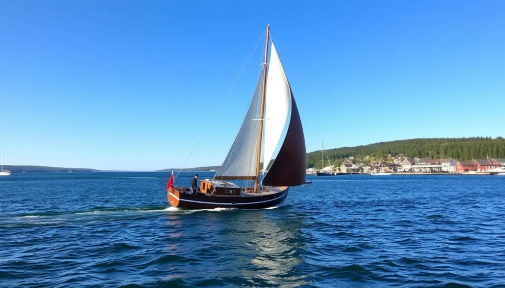 Generate an image of the Hjørdis sailing on Lake Superior with the Grand Marais harbor in the background.