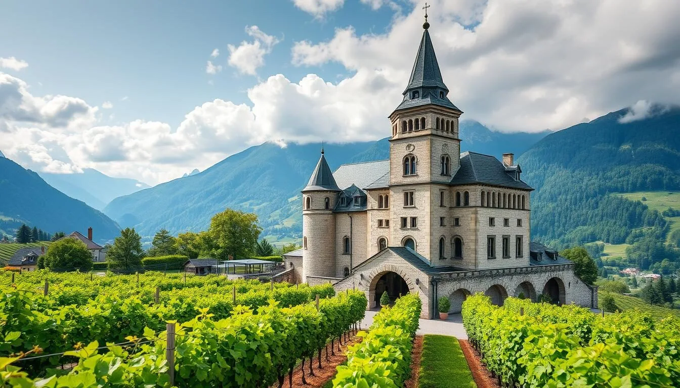 Generate an image of the Hofkellerei wine cellars in Vaduz, Liechtenstein, showcasing its picturesque vineyards and historic architecture.