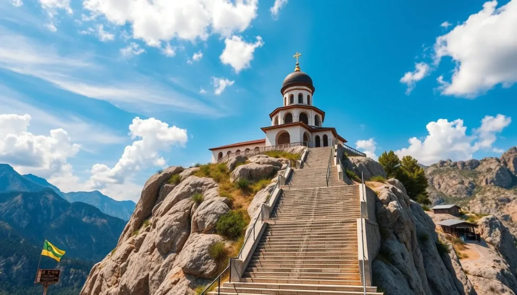 Generate an image of the Holy Monastery of the Holy Trinity perched atop a rock formation, with a long staircase leading up to it.
