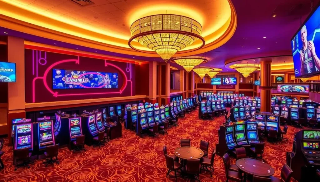 Generate an image of the Horseshoe Casino in Hammond, Indiana, showcasing its vibrant gaming floor and entertainment facilities.