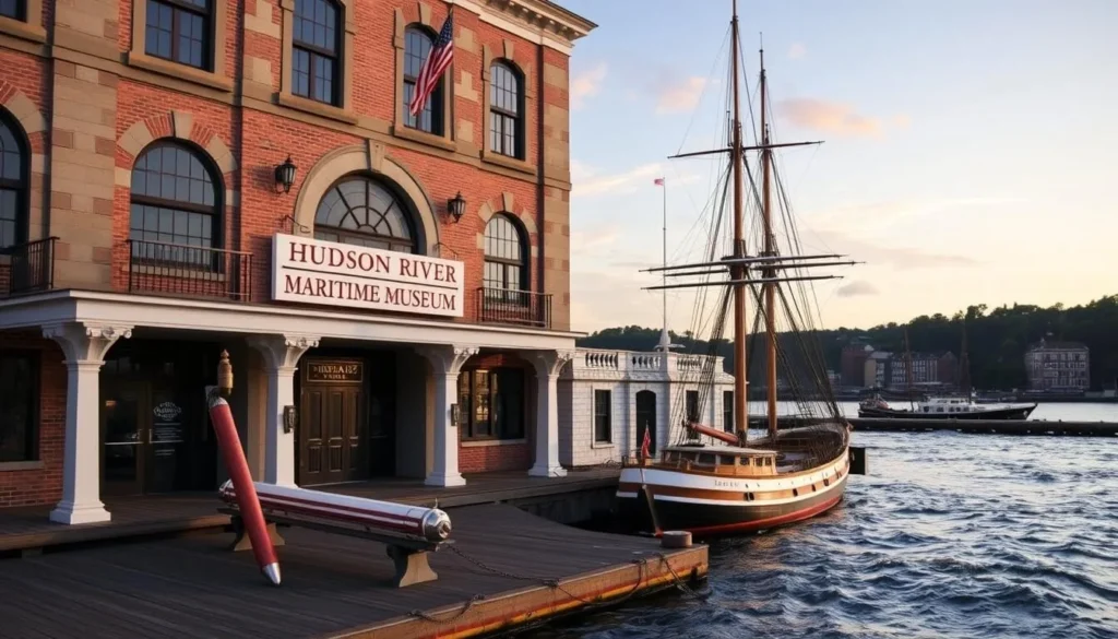 Generate an image of the Hudson River Maritime Museum's exterior with a historic boat docked outside.