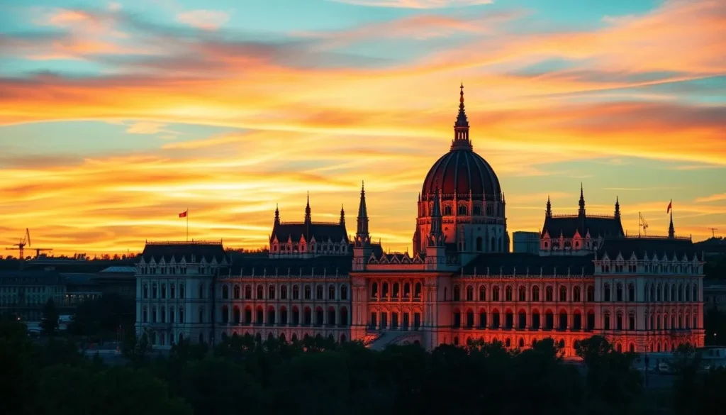Generate an image of the Hungarian Parliament Building at sunset.