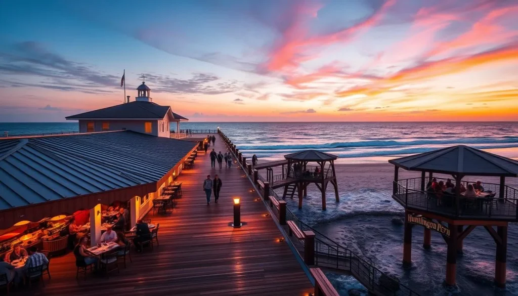 Generate an image of the Huntington Beach Pier at sunset with people dining and enjoying the views.