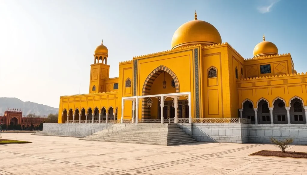 Generate an image of the Id Kah Mosque in Kashgar, China, showcasing its bright yellow facade and spacious prayer halls.