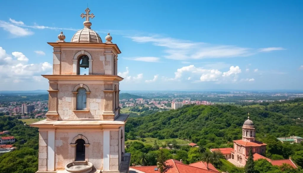 Generate an image of the Iglesia y Convento de San Francisco's bell tower in Trinidad, Cuba, with a stunning view of the surrounding landscape.