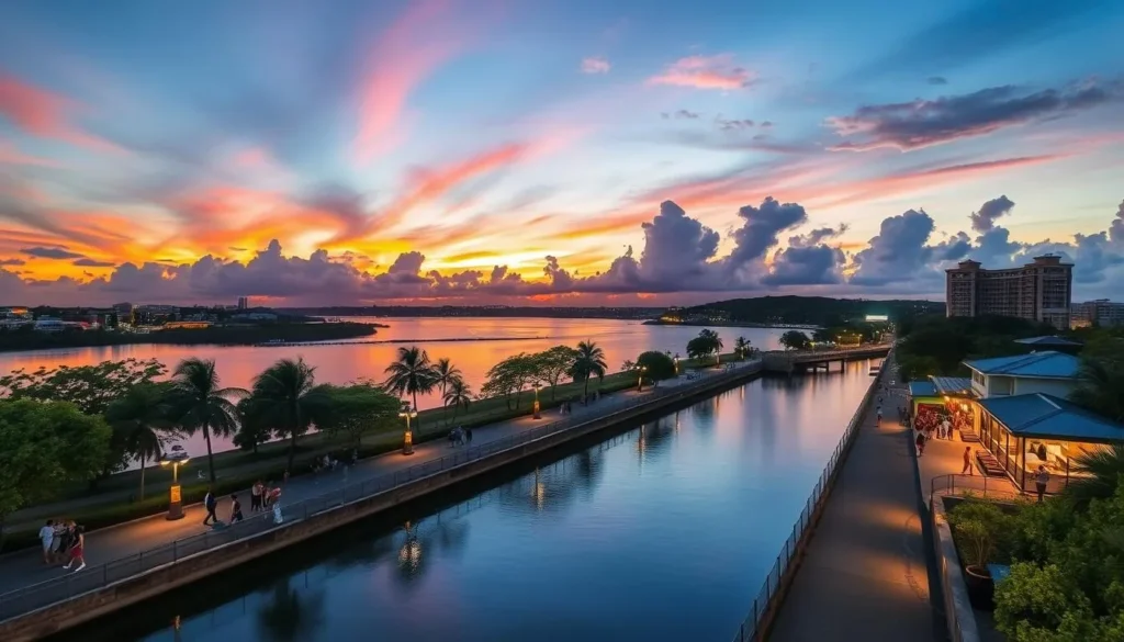 Generate an image of the Iloilo River Esplanade at sunset, with people strolling and dining along the river.