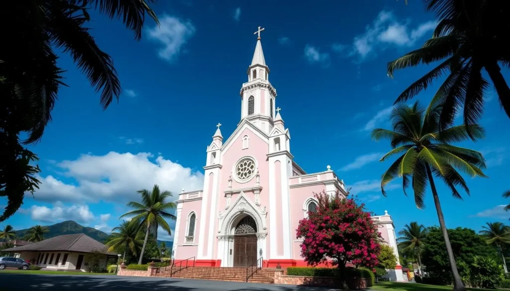 Generate an image of the Immaculate Conception Cathedral in Apia, Samoa, showcasing its architectural beauty and surroundings.