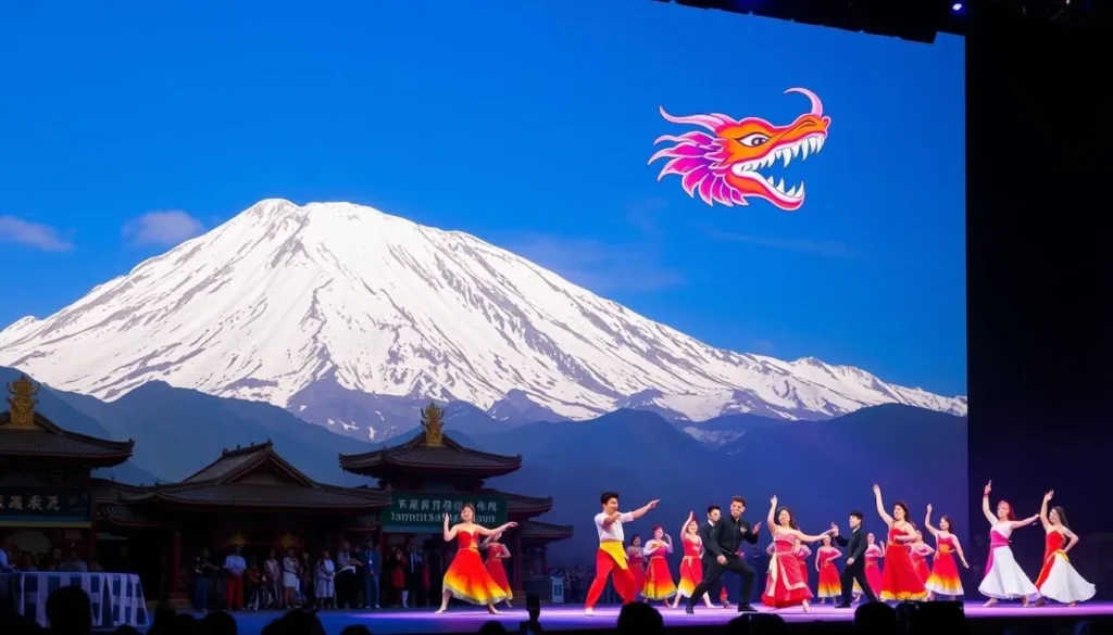 Generate an image of the Impression Lijiang Show with Jade Dragon Snow Mountain in the background