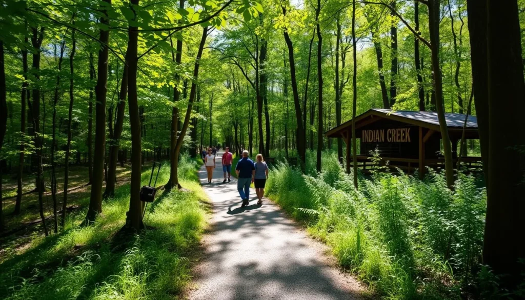Generate an image of the Indian Creek Nature Center with visitors walking on a trail through a woodland area.