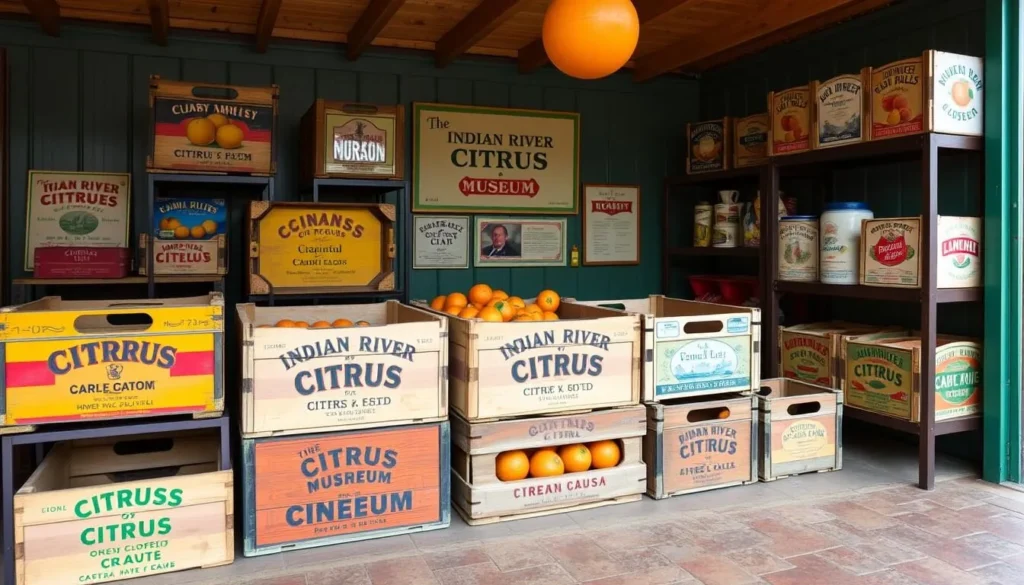 Generate an image of the Indian River Citrus Museum or historical citrus crates and labels.