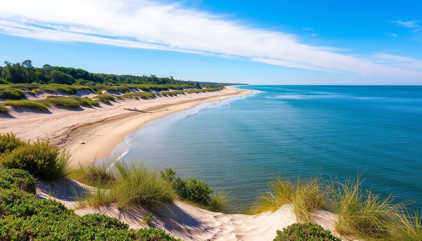 Generate an image of the Indiana Dunes State Park shoreline with Lake Michigan in the background.