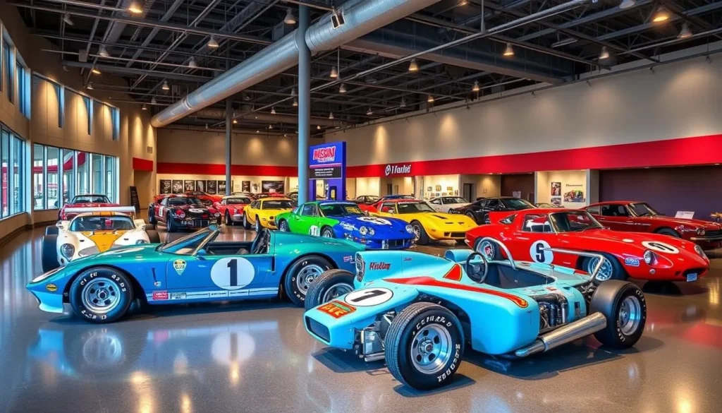 Generate an image of the Indianapolis Motor Speedway Museum with a racing car exhibit.