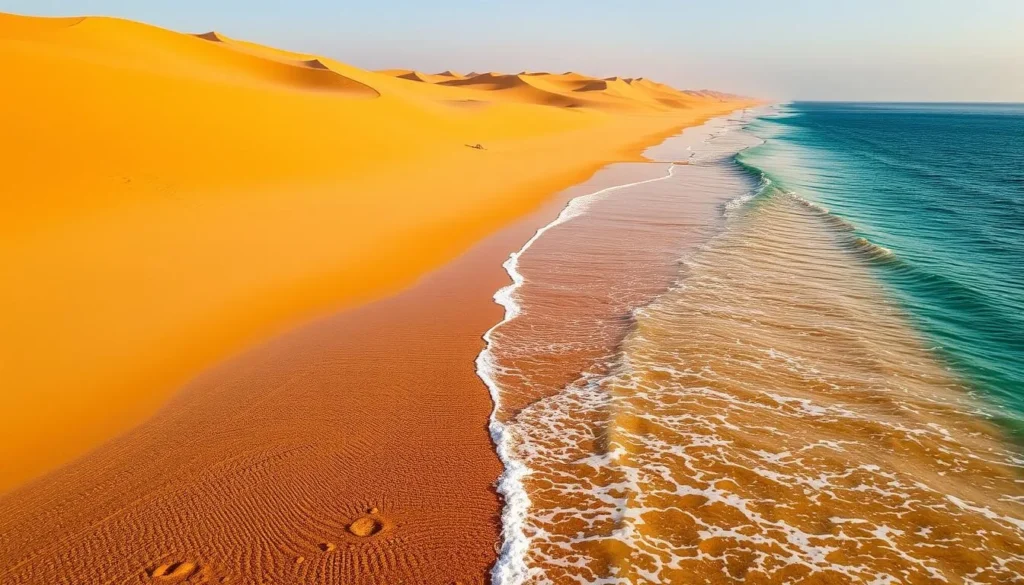 Generate an image of the Inland Sea, Khor Al Adaid, with sand dunes meeting the sea at high tide.