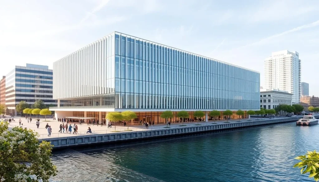 Generate an image of the Institute of Contemporary Art's waterfront building