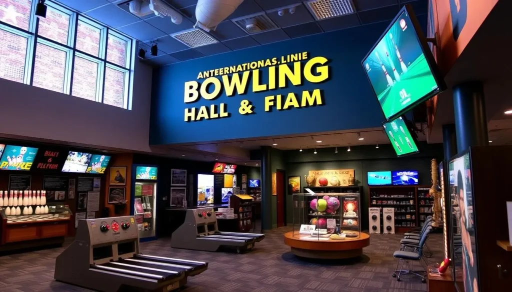 Generate an image of the International Bowling Museum & Hall of Fame with bowling-themed exhibits.