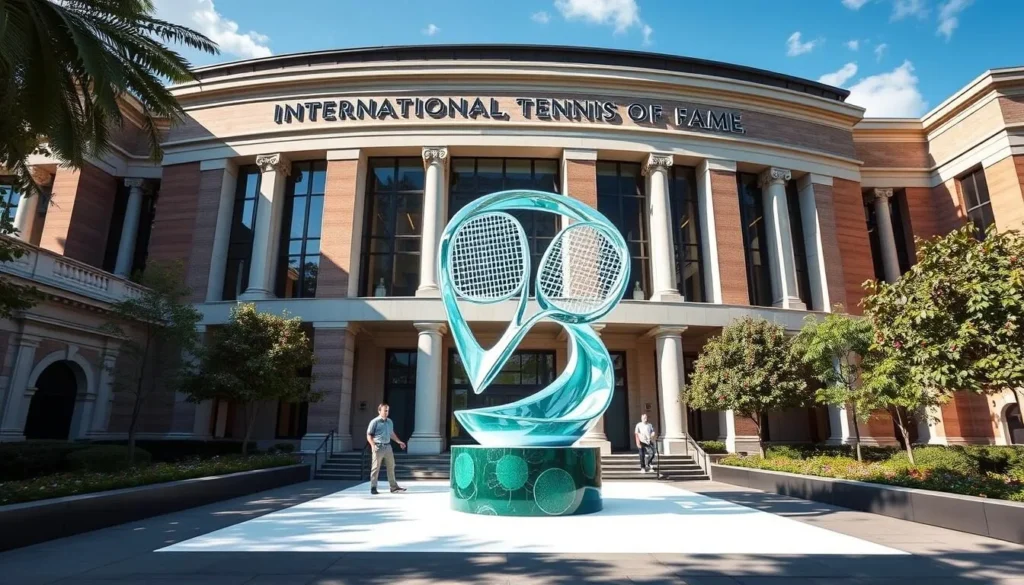 Generate an image of the International Tennis Hall of Fame with the augmented-reality sculpture.