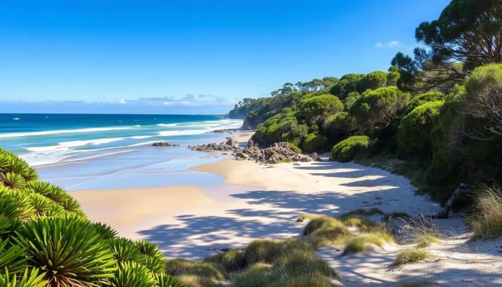Generate an image of the Inverloch Foreshore Walking Track along the main beach.