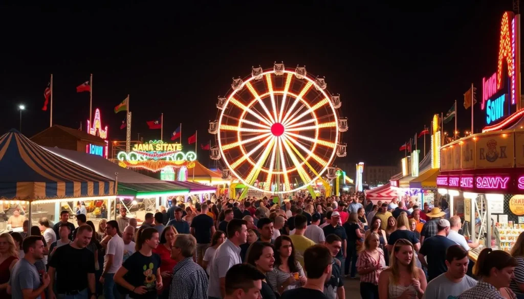 Generate an image of the Iowa State Fairgrounds during the fair, with crowds enjoying food, rides, and live music.