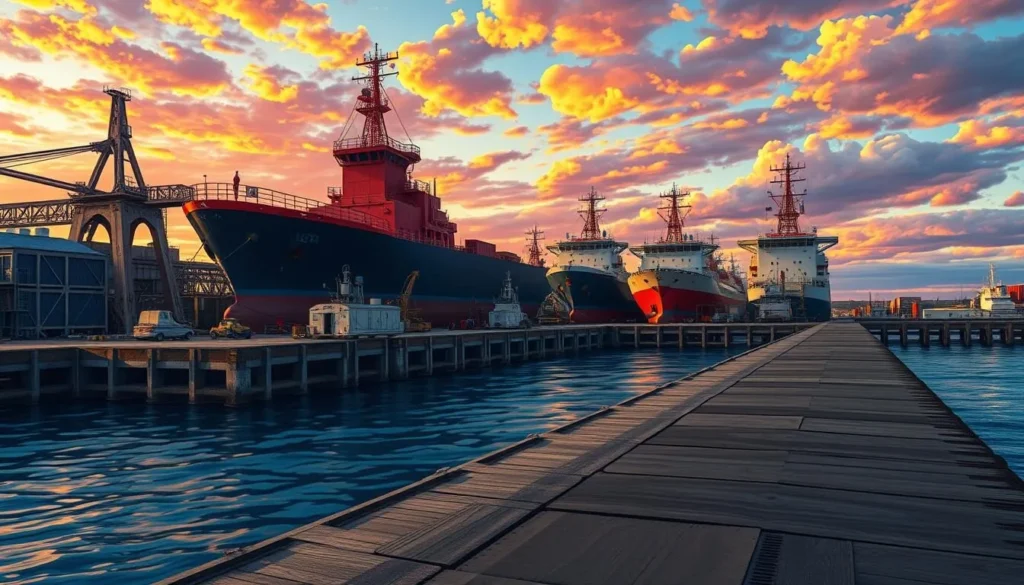 Generate an image of the Iron Ore Harbor Dock with ore ships in the background.