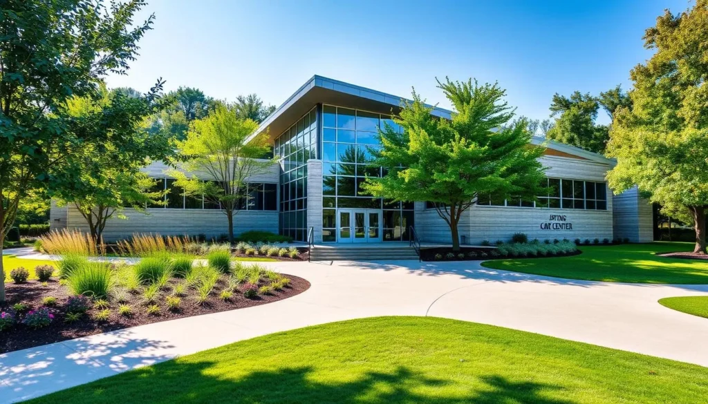 Generate an image of the Irving Arts Center's main building with its modern architecture and beautifully landscaped surroundings.