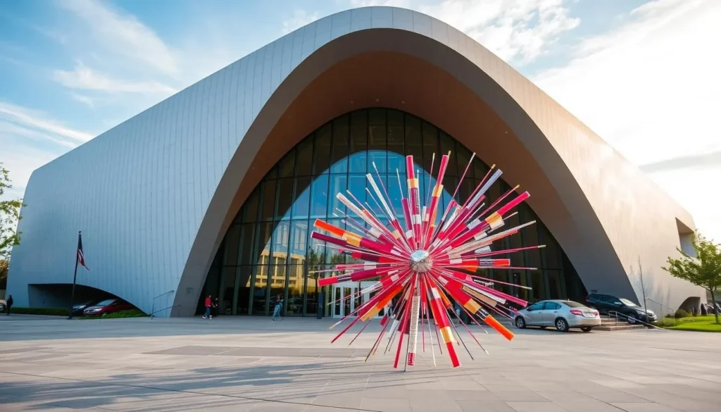 Generate an image of the Irving Arts Center's modern architecture with a vibrant art display in the foreground.
