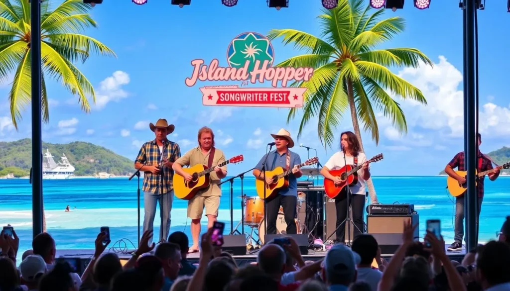 Generate an image of the Island Hopper Songwriter Fest with musicians performing.