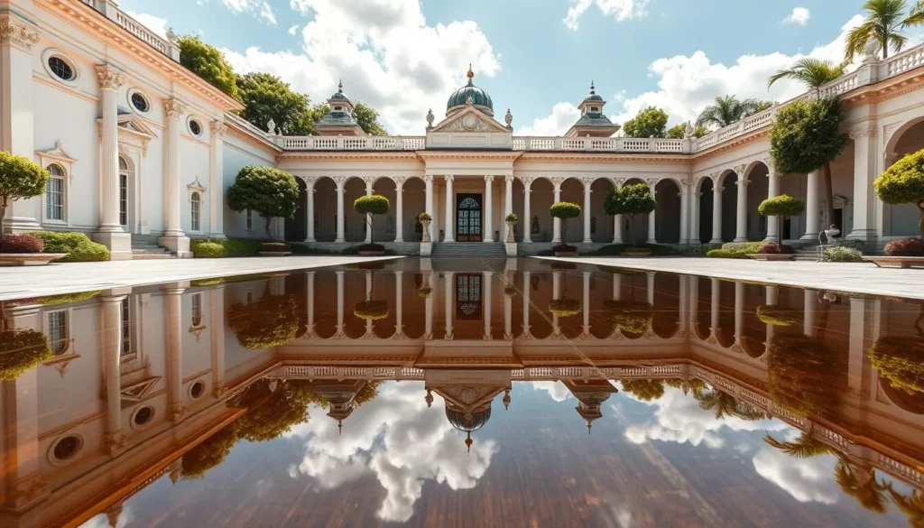 Generate an image of the Itamaraty Palace's reflecting pools