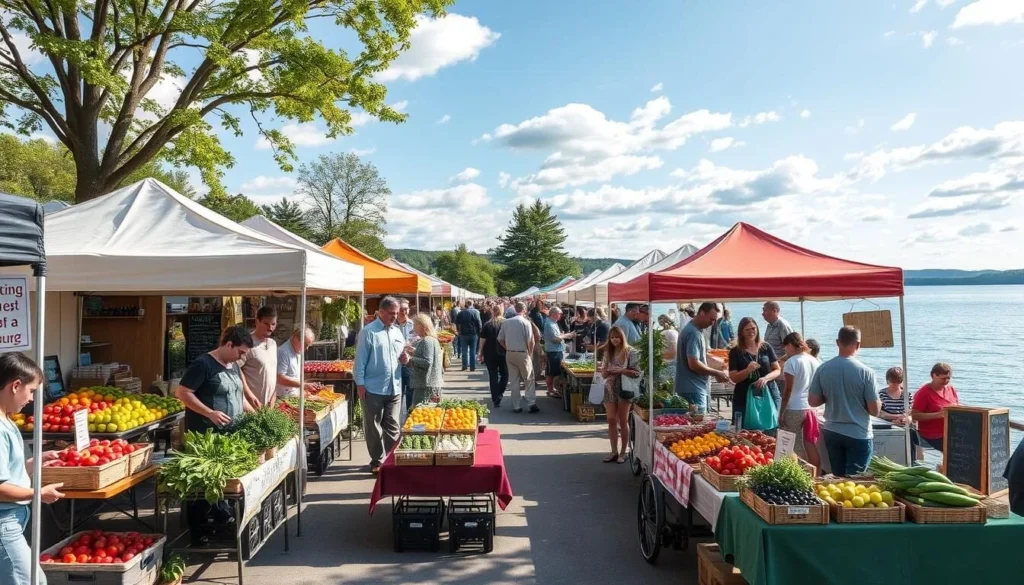 Generate an image of the Ithaca Farmers Market on the shores of Cayuga Lake with numerous vendors selling local produce and artisanal goods.