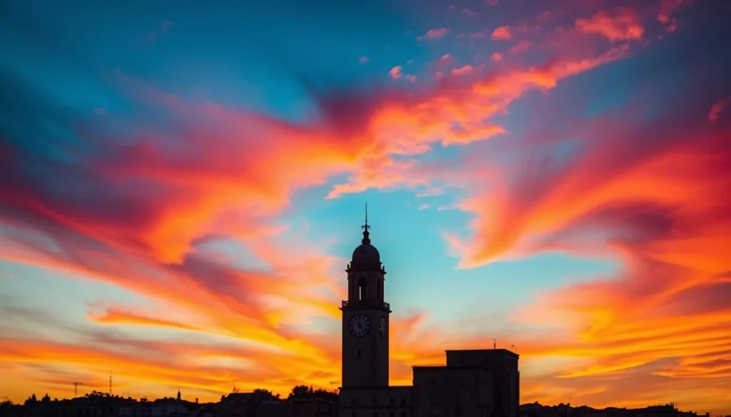 Generate an image of the Jaffa Clock Tower at sunset, with the tower prominently displayed against a vibrant sky.