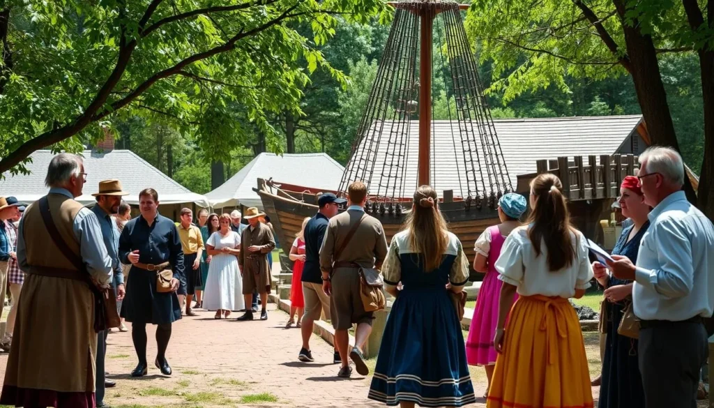 Generate an image of the Jamestown Settlement outdoor living museum with colonial interpreters and the reconstructed Susan Constant ship.