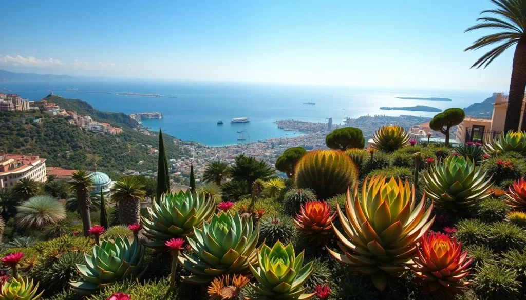 Generate an image of the Jardin Exotique de Monaco with its stunning panoramic views and rare succulents.