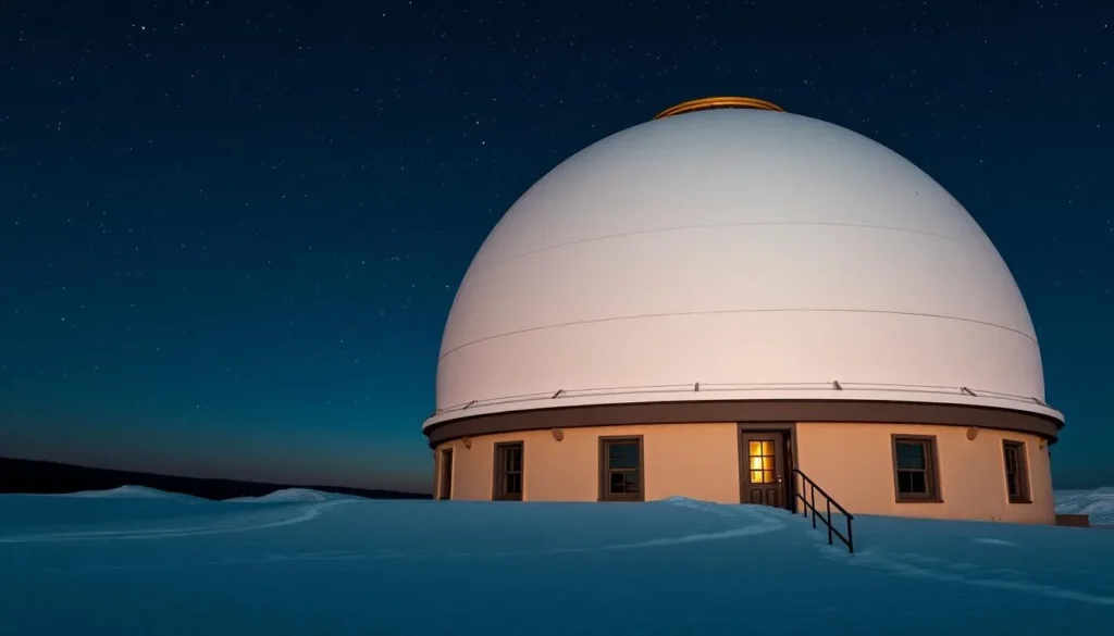 Generate an image of the Jasper Planetarium at night with a clear sky full of stars.