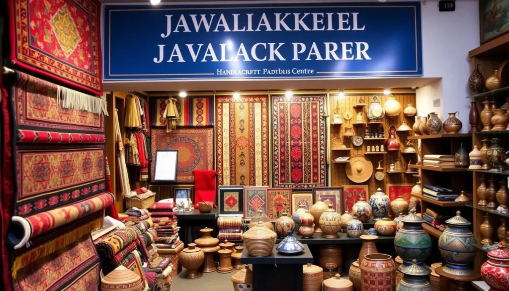 Generate an image of the Jawalakhel Handicraft Center, showcasing Tibetan rugs and local handicrafts.