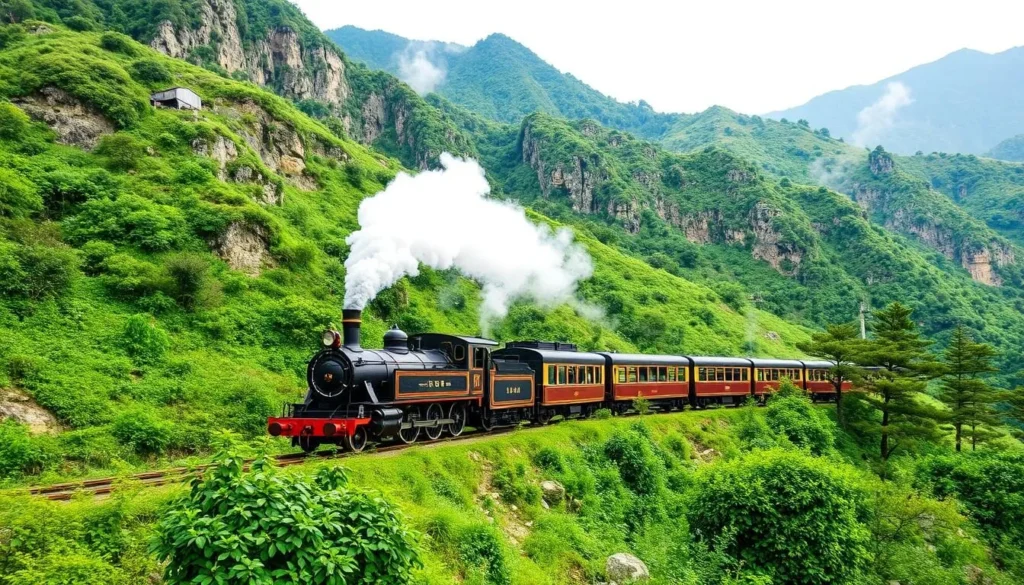 Generate an image of the Jiayang Steam Train chugging along a mountainous route with lush greenery surrounding it.