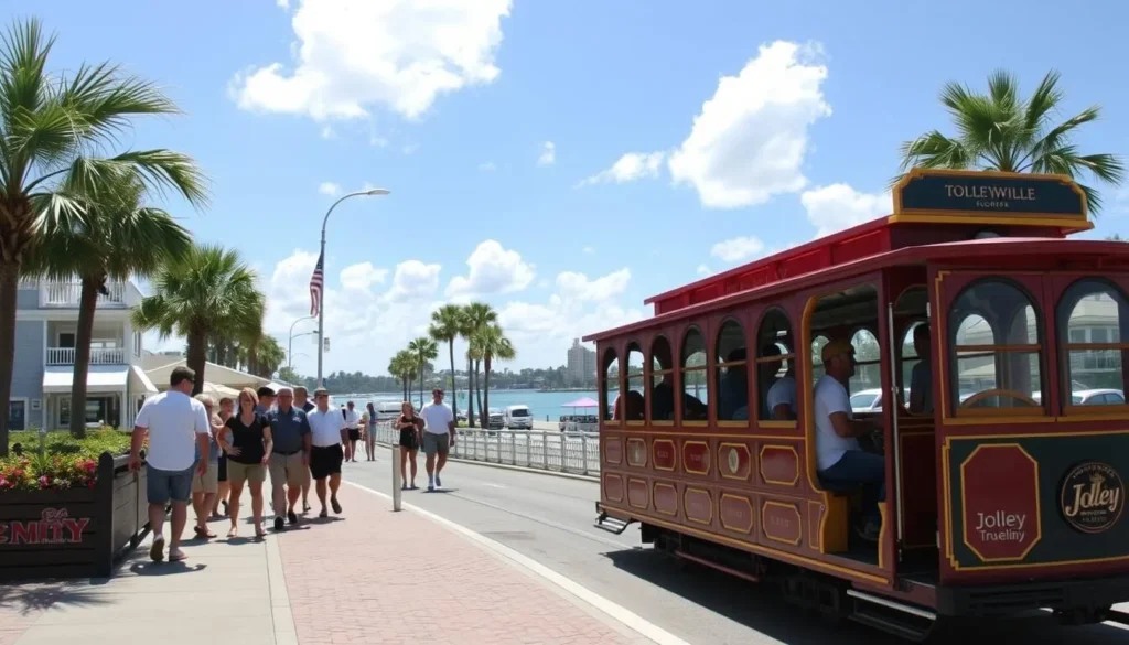 Generate an image of the Jolley Trolley in Dunedin, Florida, with passengers boarding.