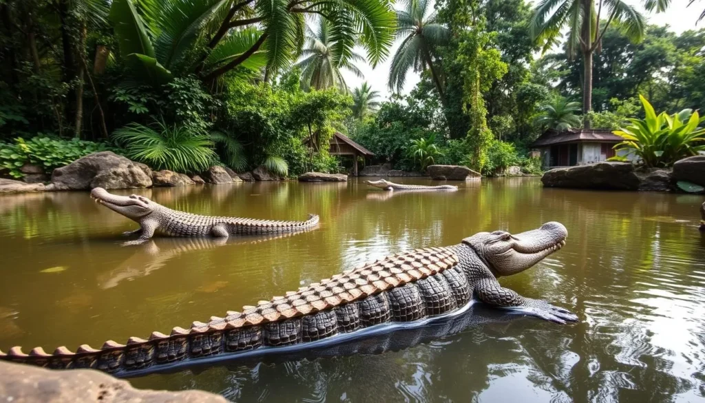 Generate an image of the Kachikally Crocodile Pool in Bakau Old Town, The Gambia.