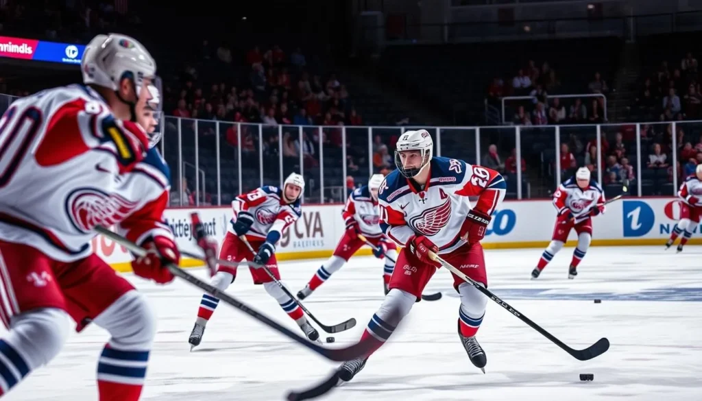 Generate an image of the Kalamazoo K-Wings hockey team in action
