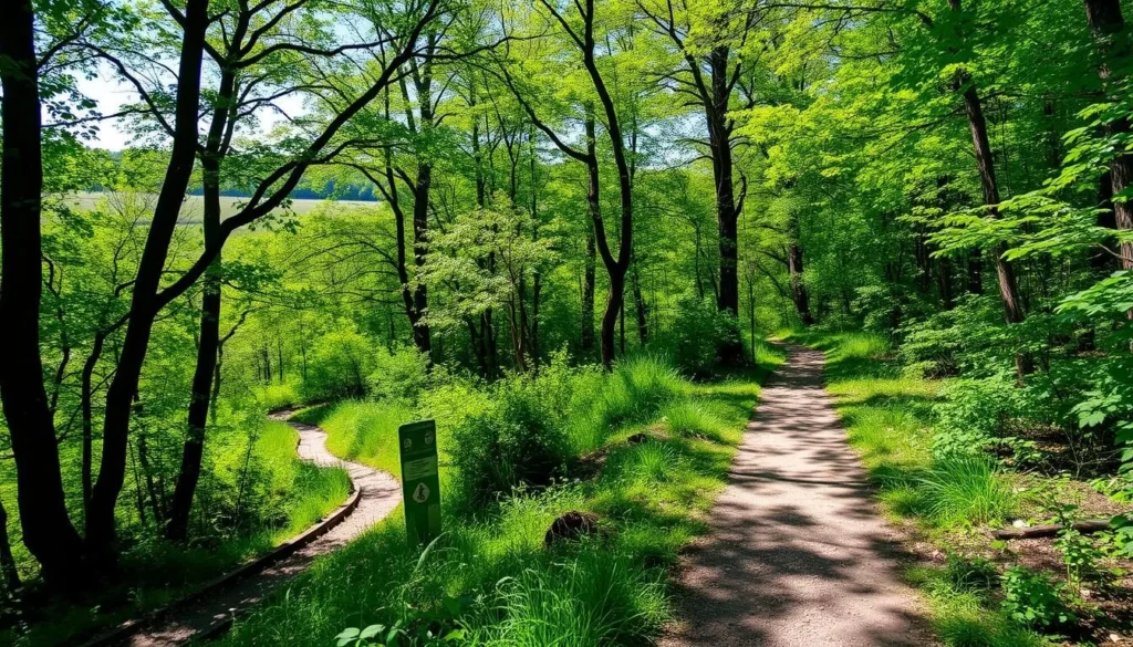 Generate an image of the Kalamazoo Nature Center's trails, showcasing the serene natural surroundings.
