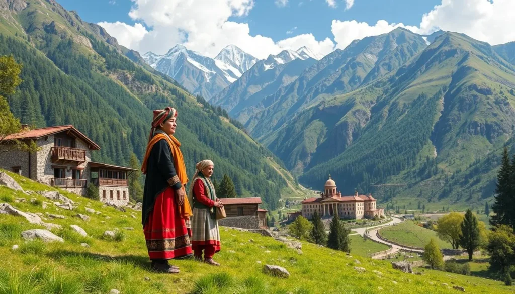 Generate an image of the Kalash Valleys with traditional Kalash people in their vibrant attire.