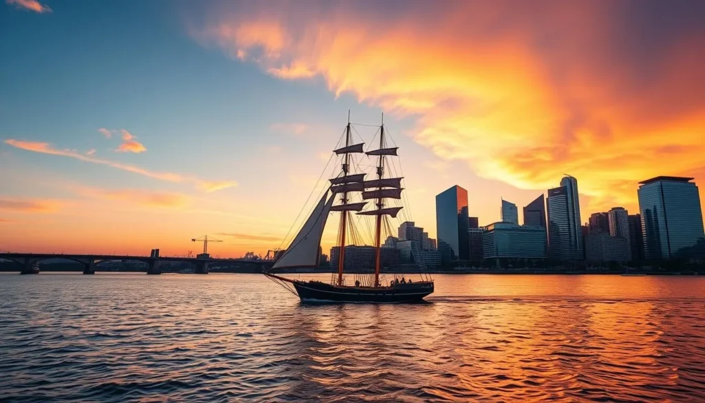 Generate an image of the Kalmar Nyckel Tall Ship sailing on the Delaware River with the Wilmington skyline in the background.