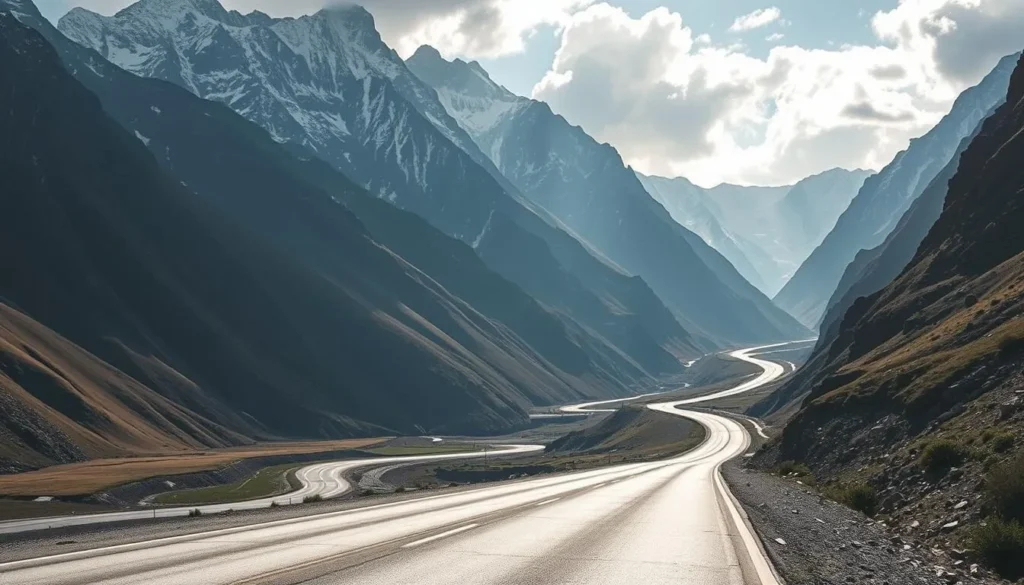Generate an image of the Karakoram Highway winding through the mountains