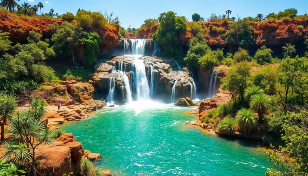 Generate an image of the Karfiguela Waterfalls in Burkina Faso, surrounded by lush vegetation Generate an image of the Karfiguela Waterfalls in Burkina Faso, surrounded by lush vegetation
